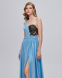 Blue One Shoulder Beading Pleats Split Prom Dress