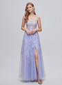 Lavender Spaghetti Straps Tulle Appliques Backless Prom Dress