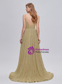 Gold Spaghetti Straps Backless Pleats Prom Dress