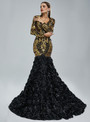 Black 3D Flower Gold Sequins V-neck Long Sleeve Prom Dress