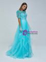 Blue Tulle Short Sleeve Sequins Prom Dress