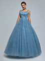 Blue Ball Gown Tulle Sequins Spaghetti Straps Prom Dress
