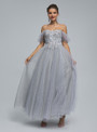 Gray Tulle Off the Shoulder Puff Sleeve Appliques Prom Dress