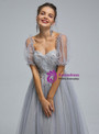 Gray Tulle Off the Shoulder Puff Sleeve Appliques Prom Dress