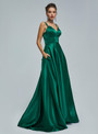 Green Satin Straps Prom Dress With Pocket