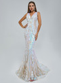Colorful White Mermaid Sequins V-neck Prom Dress