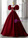 Burgundy Square Puff Sleeve Backless Prom Dress