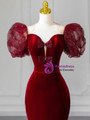 Burgundy Mermaid Velvet Puff Sleeve Bow Prom Dress