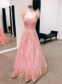 Pink Sequins Appliques Backless Prom Dress
