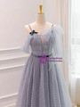 Gray Tulle Straps Pleats Prom Dress