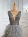 A-Line Gray Tulle V-neck Sequins Prom Dress