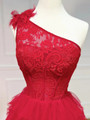 Red One Shoulder Tulle Lace Tiers Prom Dress