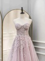 Fashion Pink Tulle Strapless Appliques Prom Dress