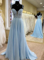Blue Chiffon Straps Appliques Prom Dress