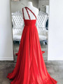 Red Chiffon One Shoulder Pleats Beading Prom Dress