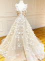 White Tulle V-neck Appliques Prom Dress