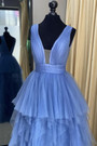 Blue Tulle Tiers Deep V-neck Pleats Prom Dress