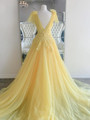 Yellow Tulle V-neck Lace Appliques Prom Dress