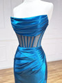 Simple Blue Satin Strapless Pleats Split Prom Dress