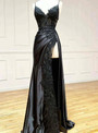 Black Mermaid Satin Spaghetti Straps Appliques Prom Dress