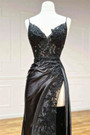 Black Mermaid Satin Spaghetti Straps Appliques Prom Dress