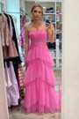 Hot Pink Tulle Spaghetti Straps Prom Dress