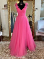 Hot Pink Tulle Pleats V-neck Sleeveless Prom Dress