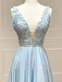 Light Blue Satin V-neck Appliques Prom Dress