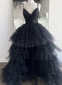 Black Tulle Sequins Hi Lo Spaghetti Straps Prom Dress