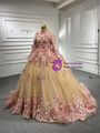 Champagne Tulle Pink Appliques Long Sleeve Prom Dress