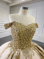Champagne Tulle Sequins Pearls Prom Dress
