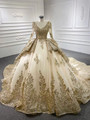 Champagne Tulle Sequins Long Sleeve Prom Dress
