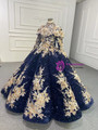 Navy Blue Sequins Appliques Long Sleeve Prom Dress