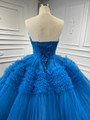 Blue Ball Gown Tulle Pleats Beading Prom Dress