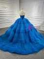 Blue Ball Gown Tulle Pleats Beading Prom Dress