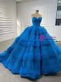 Blue Ball Gown Tulle Pleats Beading Prom Dress