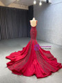 Sexy Burgundy Mermaid Straps Beading Prom Dress