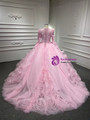 Pink Long Sleeve High Neck 3D Flower Prom Dress