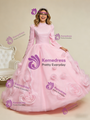Pink Long Sleeve High Neck 3D Flower Prom Dress