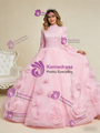 Pink Long Sleeve High Neck 3D Flower Prom Dress
