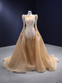 Dark Champagne Long Sleeve Beading Pearls Prom Dress