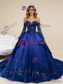 Royal Blue Tulle Long Sleeve Embroidery Prom Dress