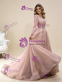 Pink Tulle Long Sleeve Beading Prom Dress