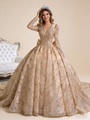 Gold Tulle Sequins Pearls V-neck Prom Dress