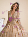 Gold Tulle Sequins Pearls V-neck Prom Dress