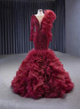 Burgundy Mermaid Tulle Long Sleeve Beading Prom Dress