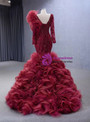 Burgundy Mermaid Tulle Long Sleeve Beading Prom Dress