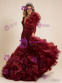 Burgundy Mermaid Tulle Long Sleeve Beading Prom Dress