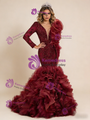 Burgundy Mermaid Tulle Long Sleeve Beading Prom Dress