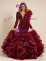 Burgundy Mermaid Tulle Long Sleeve Beading Prom Dress